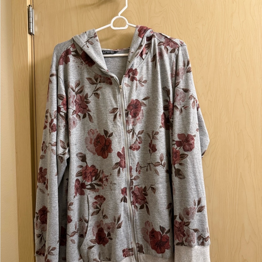 Floral Gray and Red Zip-Up Hoodie